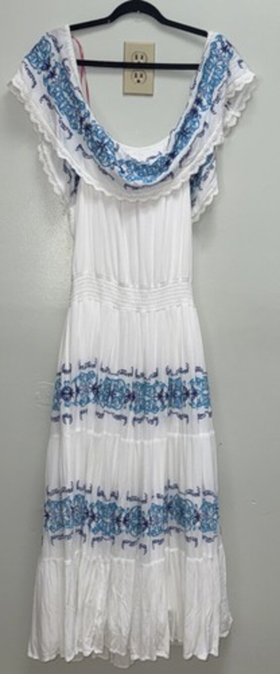 Catherine Malandrino Charise XL White Blue Embroidered Off Shoulder Boho Maxi